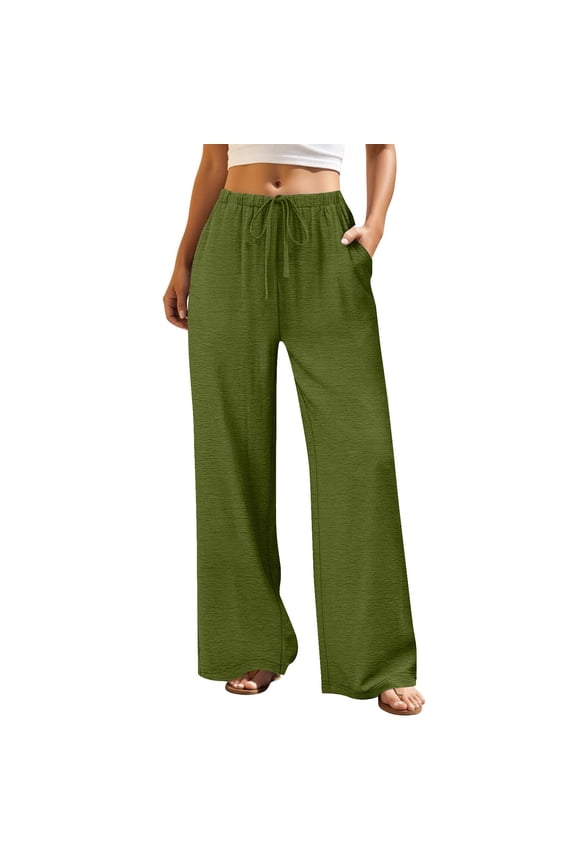 Womens Wide Leg Pants Plus Size Elastic Tie Knot Lounge Pants Loose Trousers with Pockets Green XL