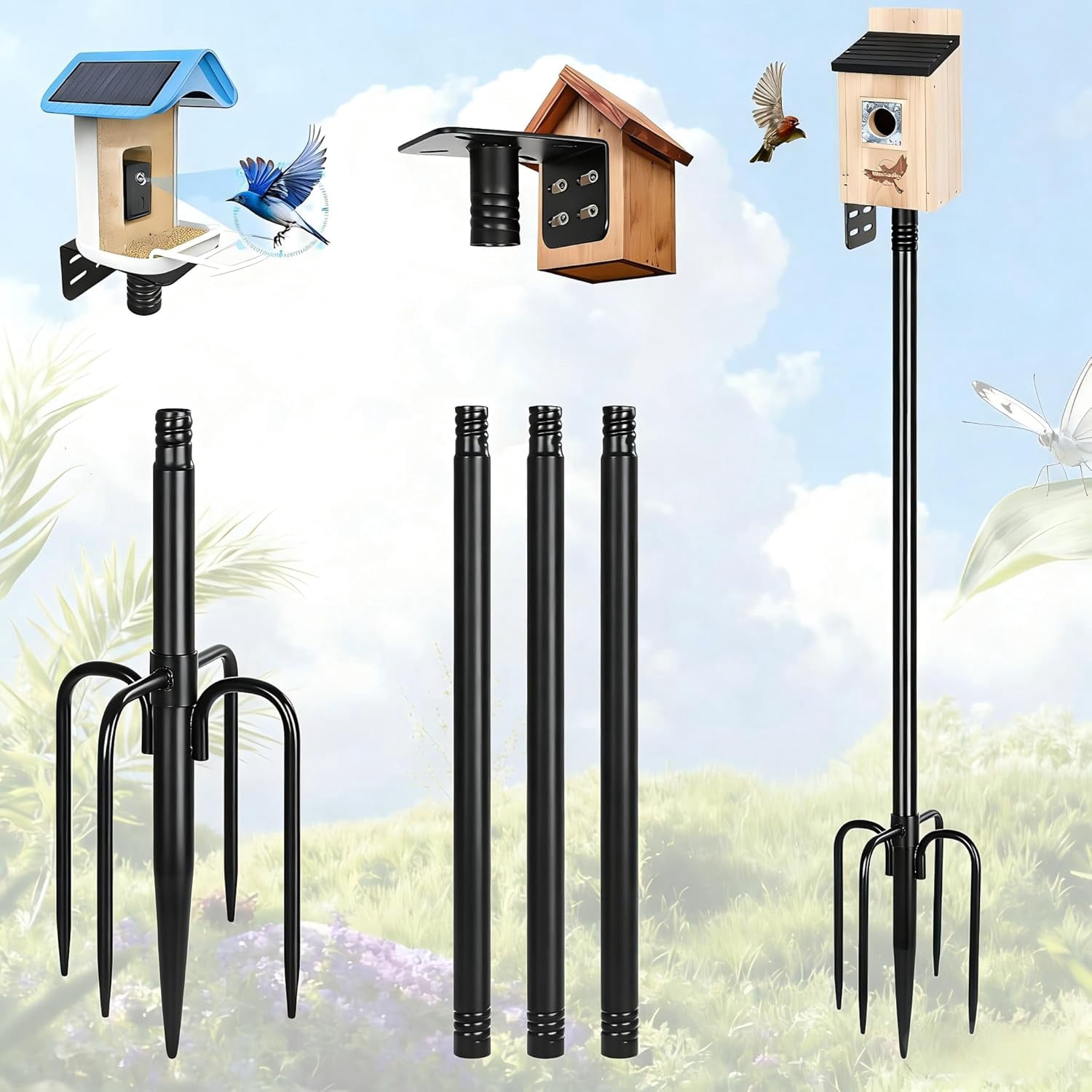 Gtongoko Smart Bird Feeder Pole 1-Inch Dia 79 Inch Bluebird House Pole for Outdoors Weather Station Heavy Duty Metal Mounting Kit Adjustable Bird Feeder Stand Black