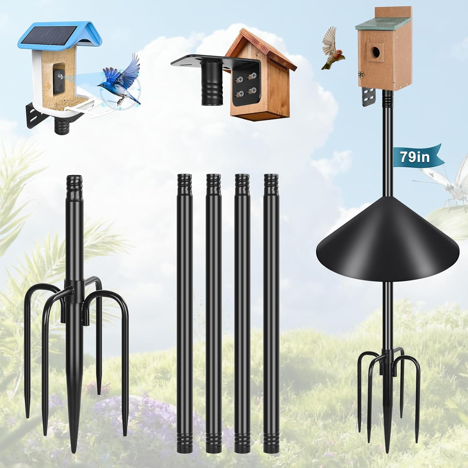 Gtongoko Smart Bird Feeder Pole 1-Inch Dia 79 Inch Bluebird House Pole for Outdoors Weather Station Heavy Duty Metal Mounting Kit Adjustable Bird Feeder Stand Black
