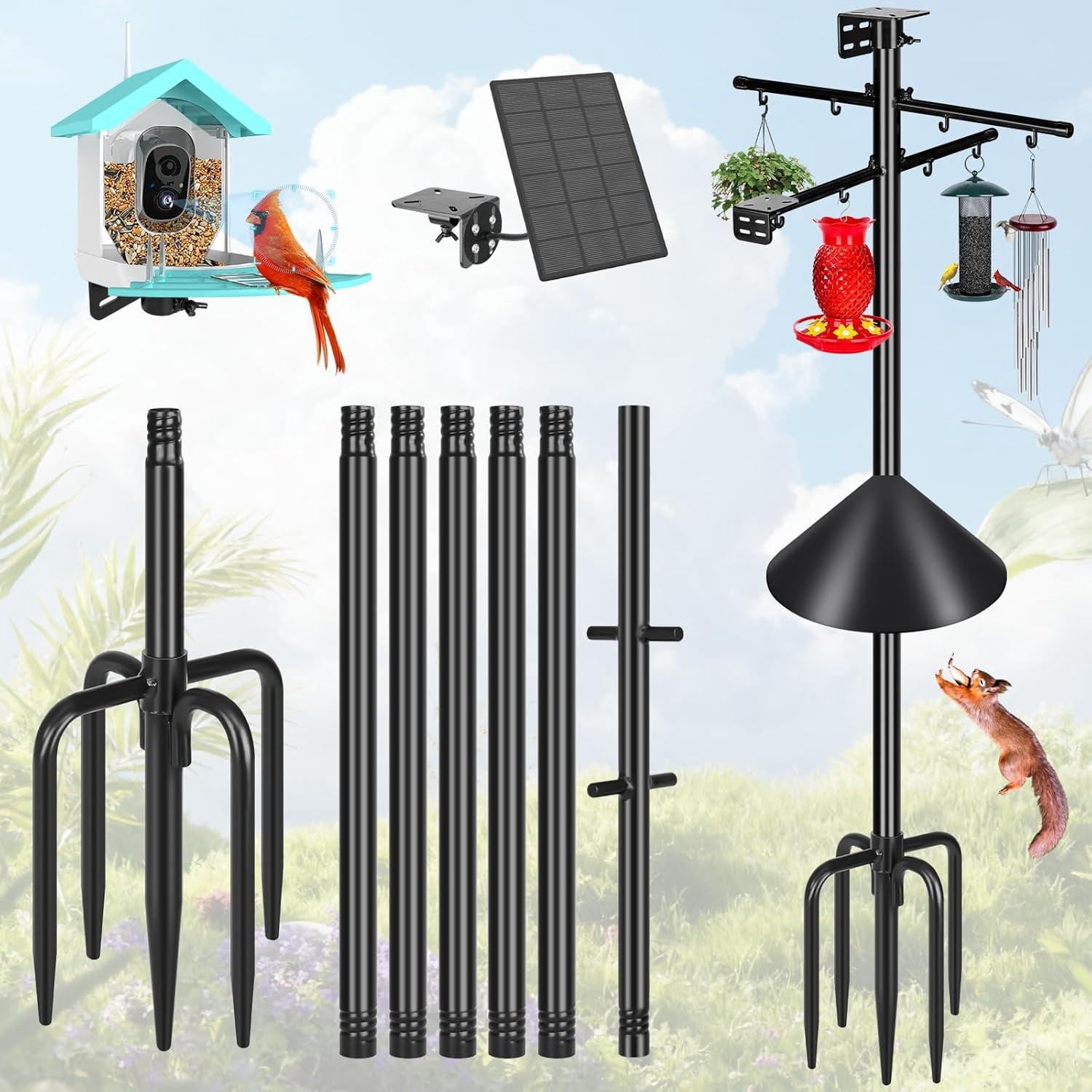 Gtongoko Smart Bird Feeder Pole 1-Inch Dia 79 Inch Bluebird House Pole for Outdoors Weather Station Heavy Duty Metal Mounting Kit Adjustable Bird Feeder Stand Black