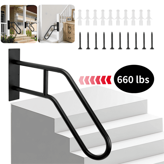 Gtouse 31.9" Wall Mounted Handrail, Metal U-Shaped Hand Rails Non-Slip Grab Bars for Outdoor 1-3 Step Stairs, Black