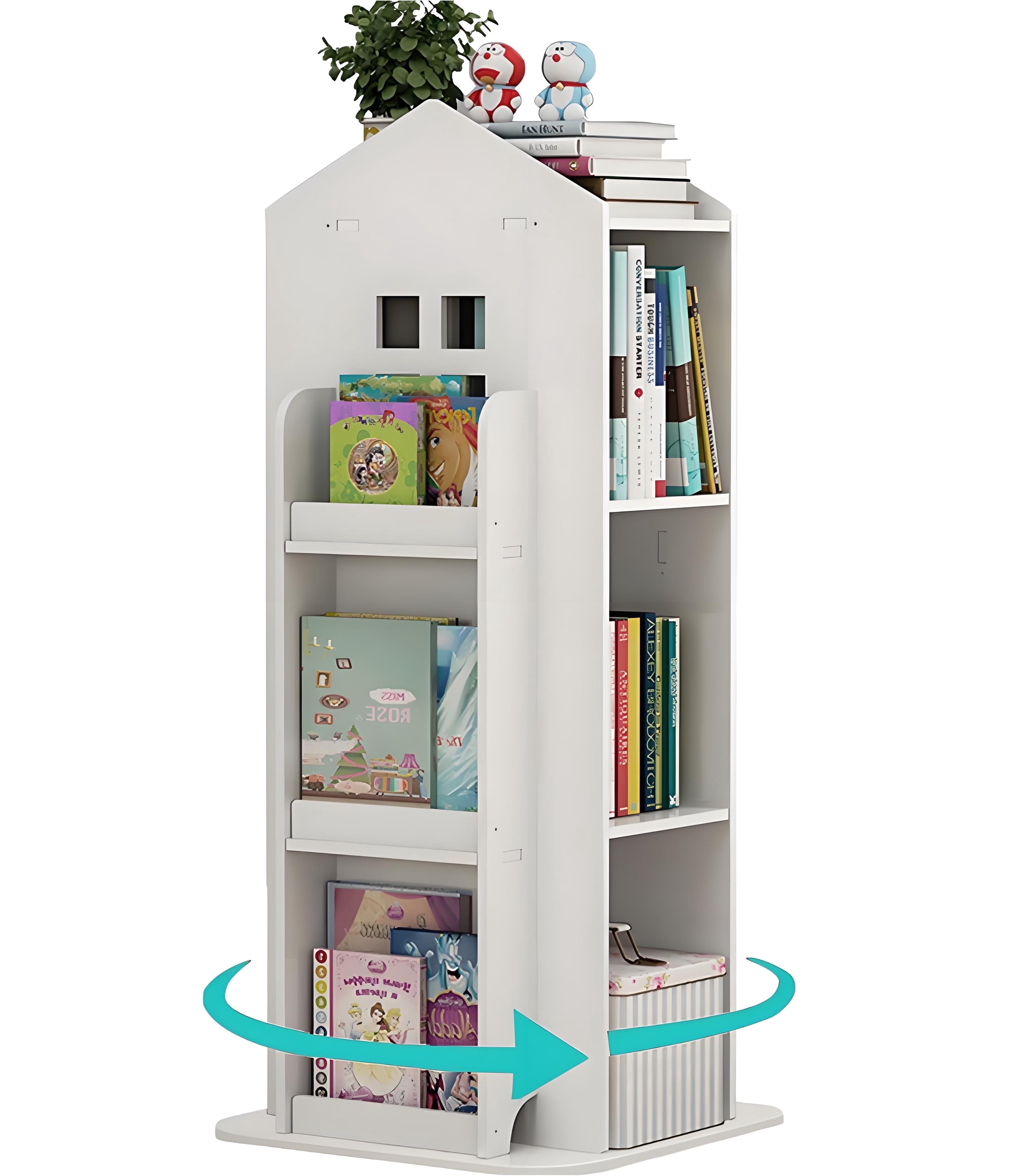 Gtouse 3 Tier Rotating Bookshelf, 360° Display Corner Bookshelf, Wooden Floor Standing Bookcase