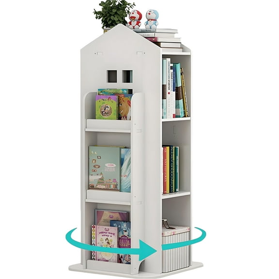 Gtouse 3 Tier Rotating Bookshelf, 360° Display Corner Bookshelf, Wooden Floor Standing Bookcase