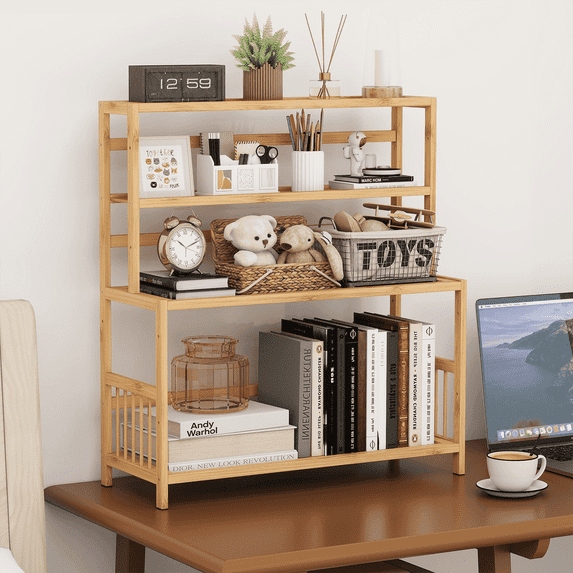 Gtouse 4 Tier Desktop Shelf, Bamboo Desktop Bookshelf, Desk Shelf for Top of Desk, Desk Shelf for Home, Office