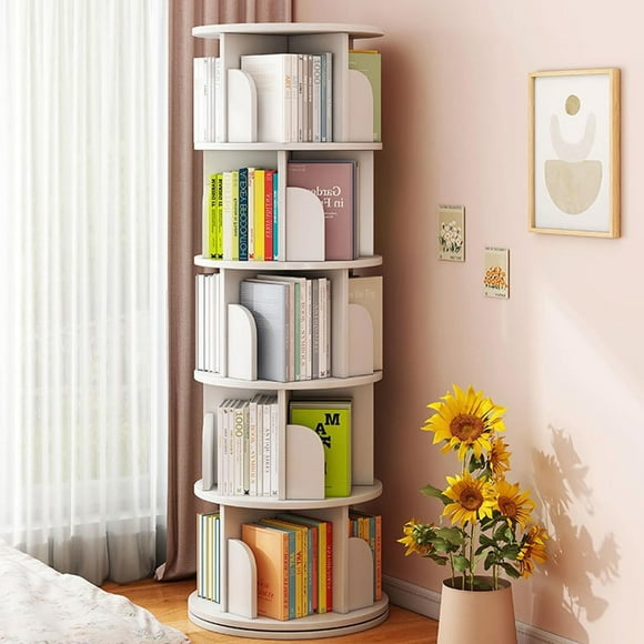 Gtouse 5 Tier Rotating Bookshelf Round, White 360 Display Revolving Bookcase, Swivel Book Shelf Corner Bookcase for Living Room Bedroom