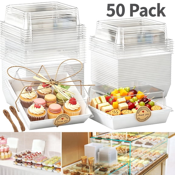 Gtouse 50-Pack Charcuterie Boxes with Clear Lids 5.3×4.9×2.6 Inch, Mini Bakery Treat Containers for Desserts, Cookies, Sandwiches, Cakes (White)