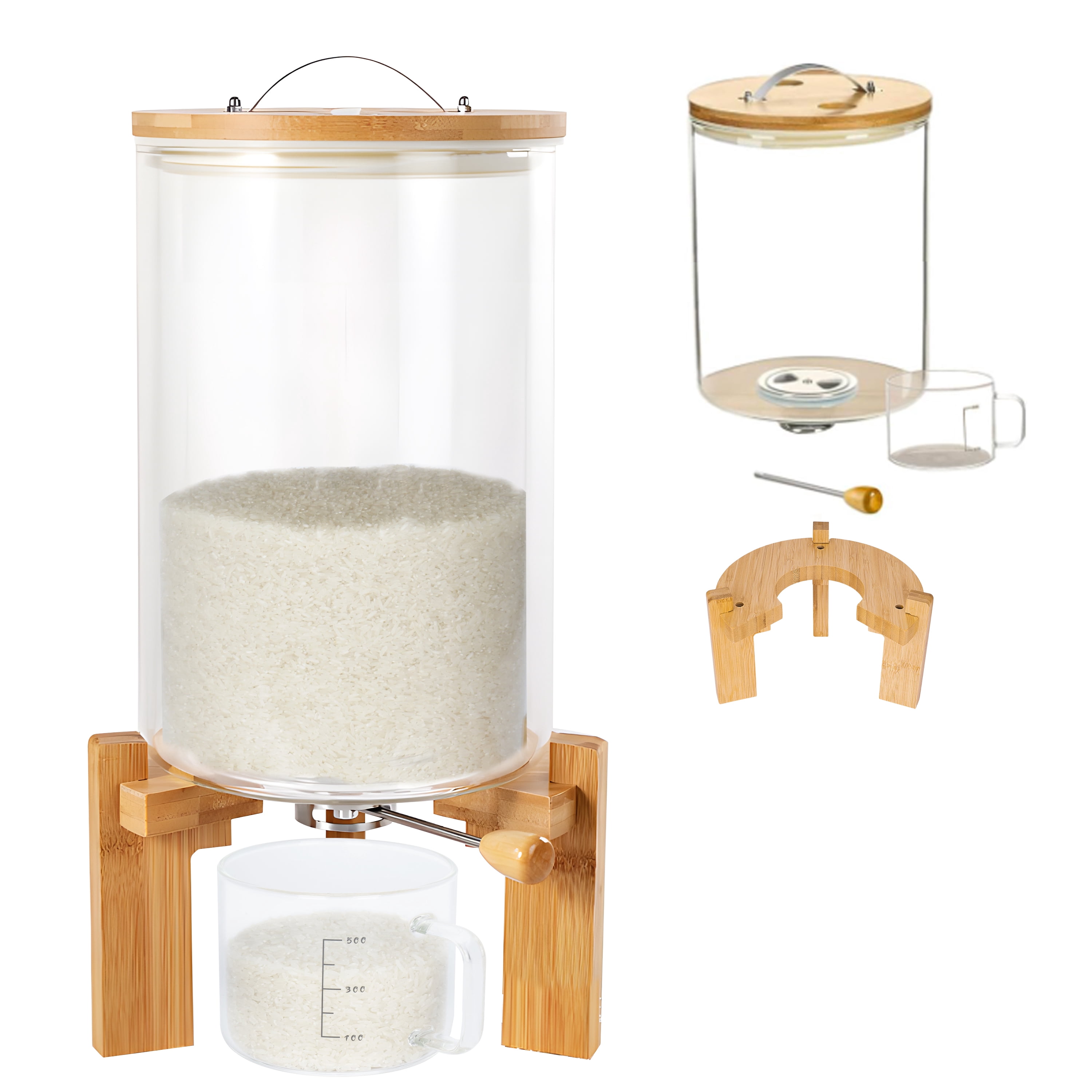Gtouse 7.5L Glass Rice Dispenser, 11.81'' Height Cereal Dispenser w/ Bamboo Stand, Airtight Food Storage Container w/ Measuring Cup