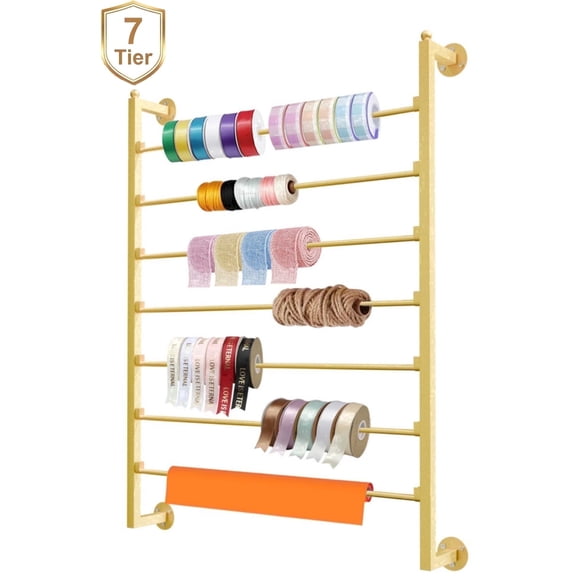 Gtouse 7 Tier Ribbon Holder Organizer, Metal Wall Mounted Ribbon Storage Rack, Gift Wrapping Paper Storage Organizer