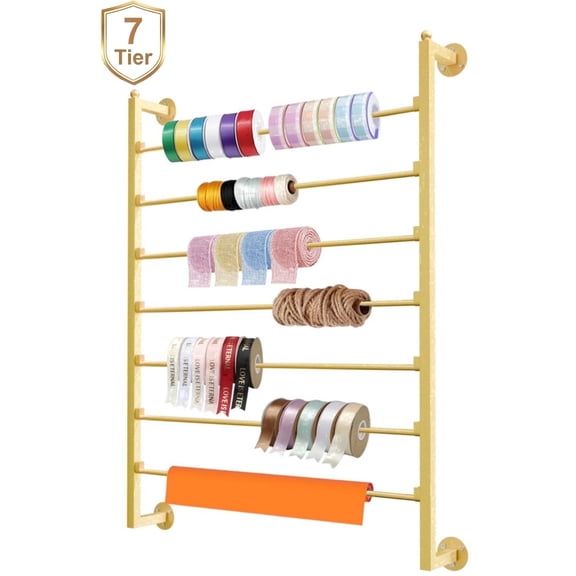 Gtouse 7 Tier Ribbon Holder Organizer, Metal Wall Mounted Ribbon Storage Rack, Gift Wrapping Paper Storage Organizer