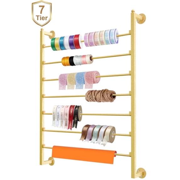 Gtouse 7 Tier Ribbon Holder Organizer, Metal Wall Mounted Ribbon Storage Rack, Gift Wrapping Paper Storage Organizer