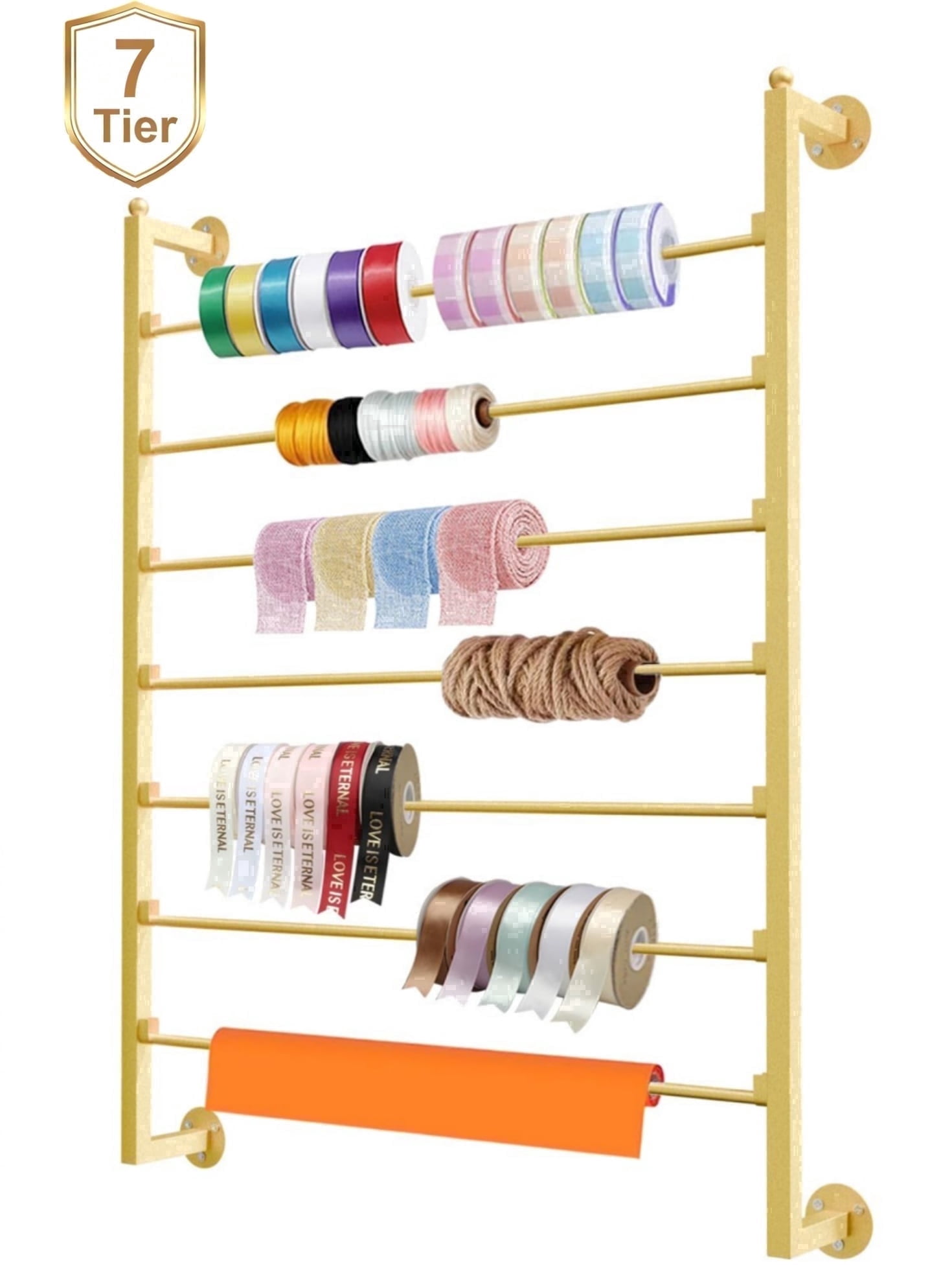 Gtouse 7 Tier Ribbon Holder Organizer, Metal Wall Mounted Ribbon Storage Rack, Gift Wrapping Paper Storage Organizer