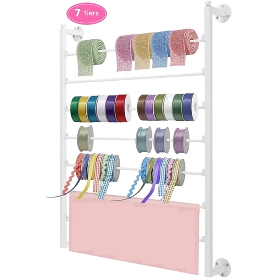 Gtouse 7 Tier Ribbon Storage Rack, Metal Wall Mounted Ribbon Organizer, Wire Spool Rack Organizer, White Scarf Rack