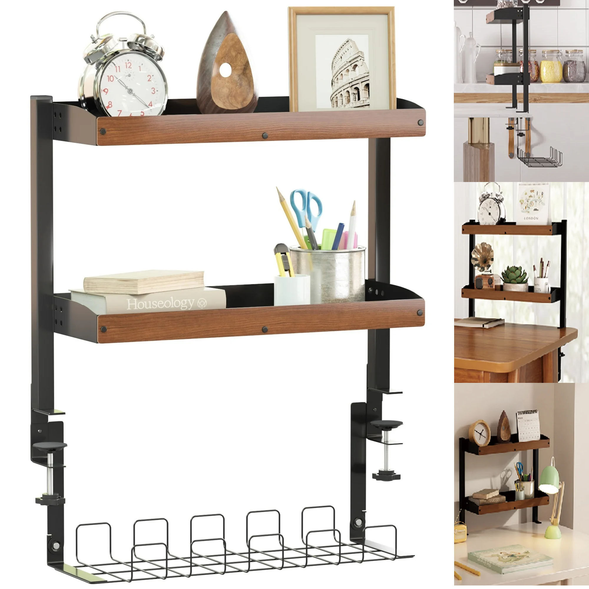 Gtouse Clamp on Desk Shelf, 3-Tier Desktop Shelving Unit Organizer with Wood Cable Tray, Adjustable Metal Desktop or Under Desk Storage Shelf
