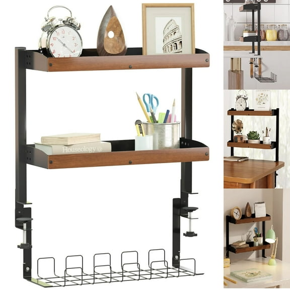 Gtouse Clamp on Desk Shelf, 3-Tier Desktop Shelving Unit Organizer with Wood Cable Tray, Adjustable Metal Desktop or Under Desk Storage Shelf