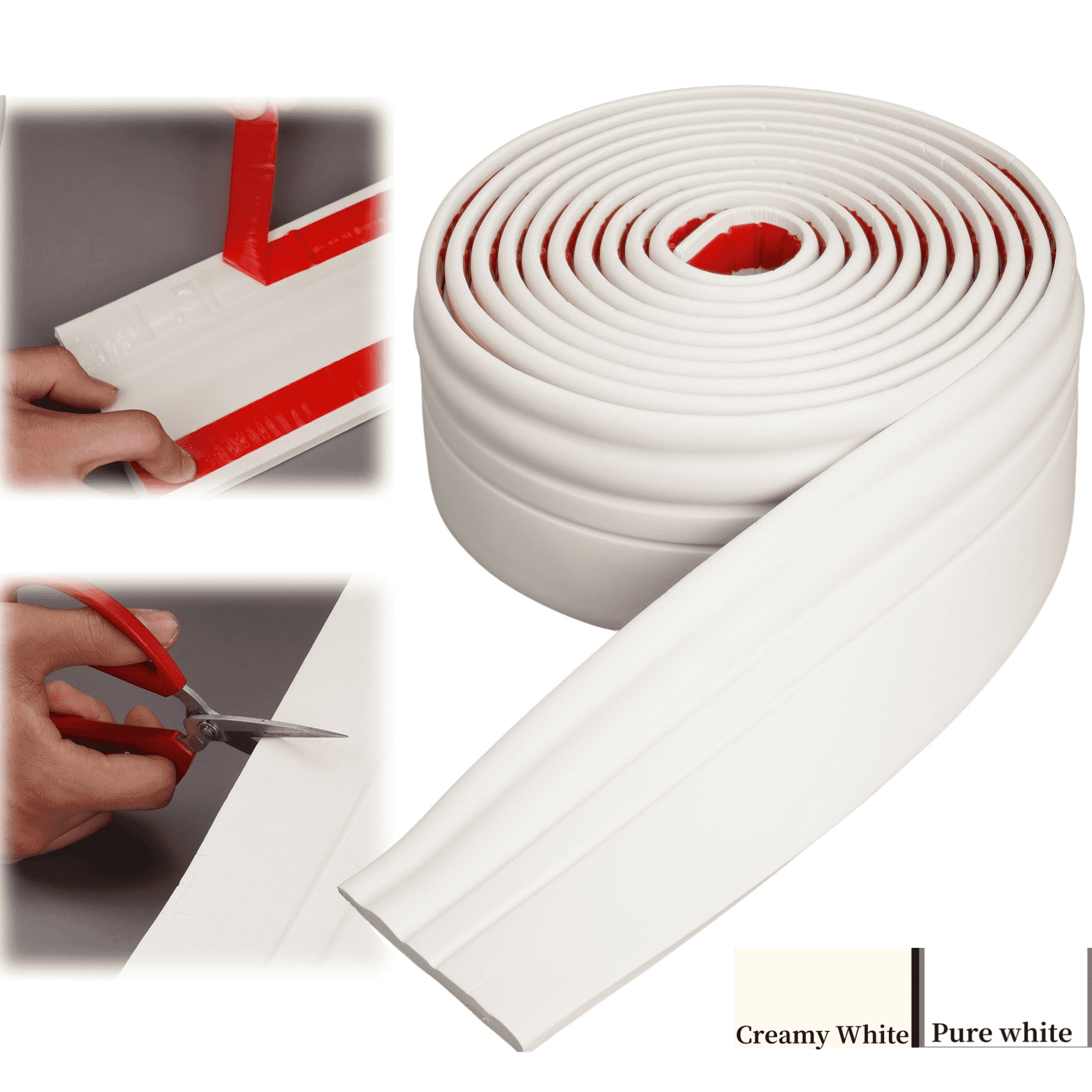 Gtouse Flexible Baseboard Molding Trim, Peel and Stick Self-Adhesive Design Vinyl Wall Base Trim Strips,16.4 ft x 4 in Caulk Floor, Chair Rail and More, Creamy White