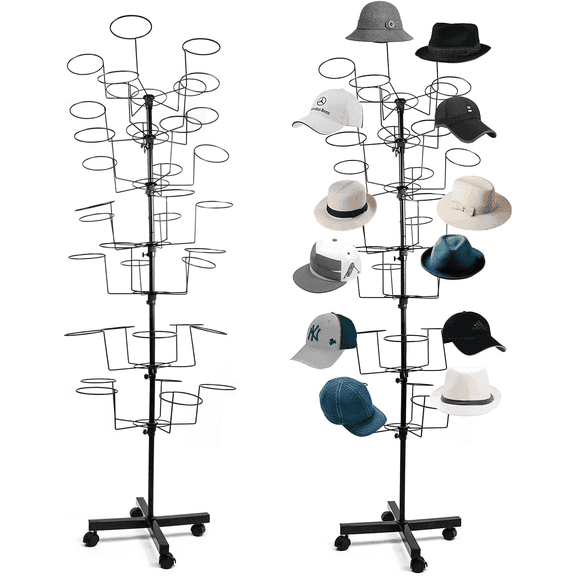 Gtouse Hat Rack Stand, 7-Tier Rotating Freestanding 35 Hooks Hat Display Rack, Hat Display Stand with Wheels for Vendors & Home, Stores, Retail