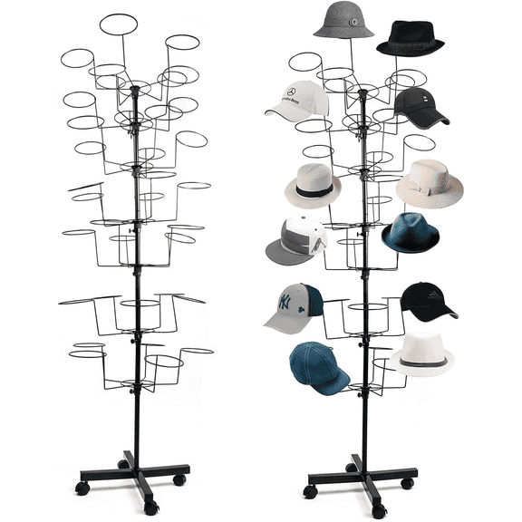 Gtouse Hat Rack Stand, 7-Tier Rotating Freestanding 35 Hooks Hat Display Rack, Hat Display Stand with Wheels for Vendors & Home, Stores, Retail