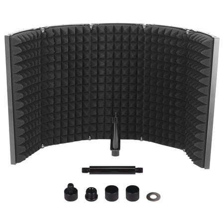 Gtouse 26" x 11" Large Microphone Isolation Shield, 5 - Panel and 180° Adjustable Studio Mic Sound - Absorbing Foam Filter, Black