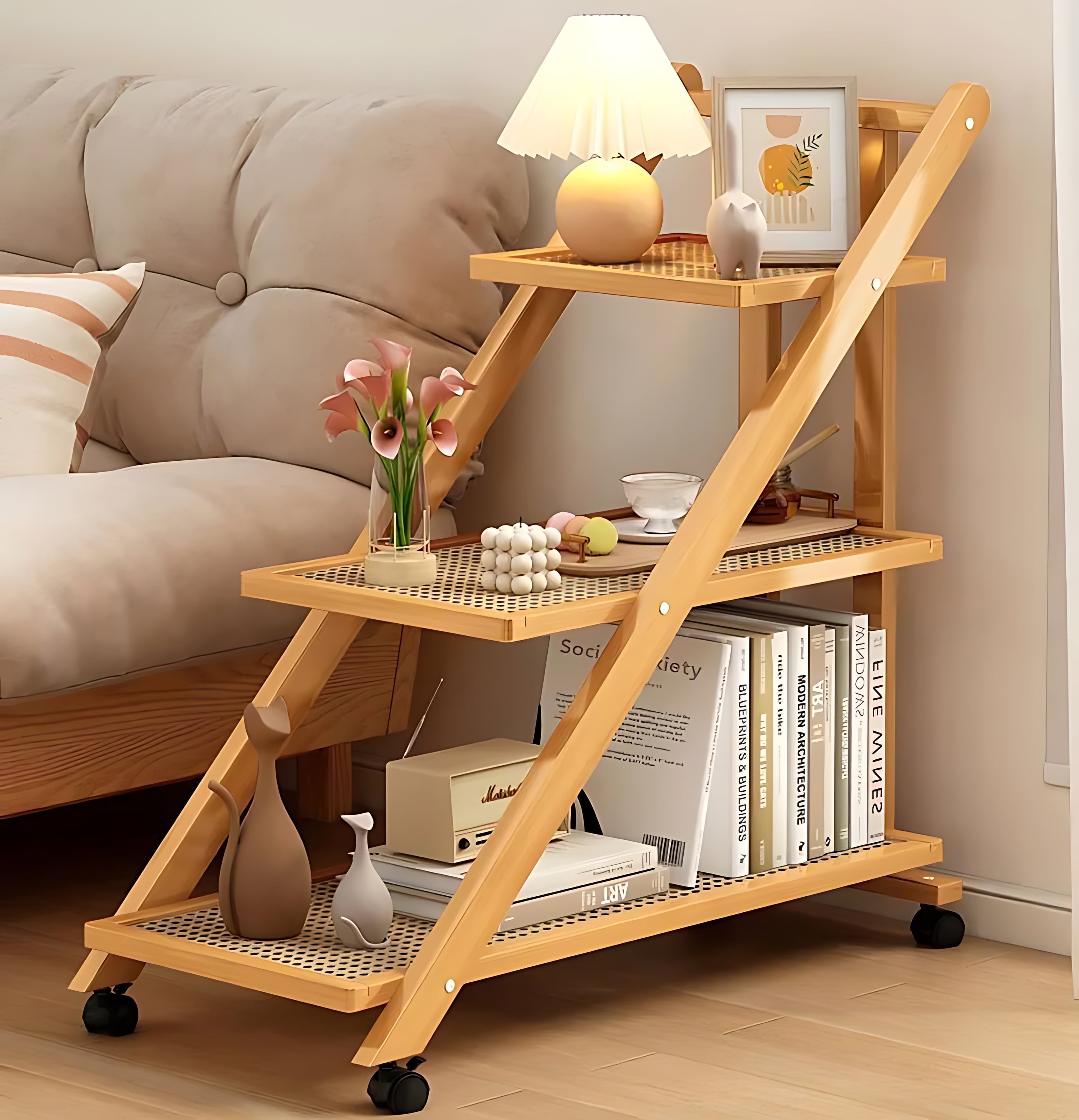 Gtouse Mobile End Table 26.4 x 13.8 x 32.7 in - 3-Tier Storage Shelves with Wheels, Collapsible Side Table with Rattan Countertop for Living Room, Bedroom, Bedside