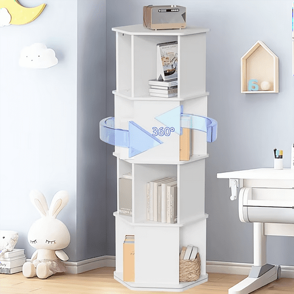 Gtouse Rotating Bookshelf, 360 Display Standing Bookcase with 8 Shelves, 4-Tier Wooden Bookshelves Organizer for Study Room Bedroom Living Room Office