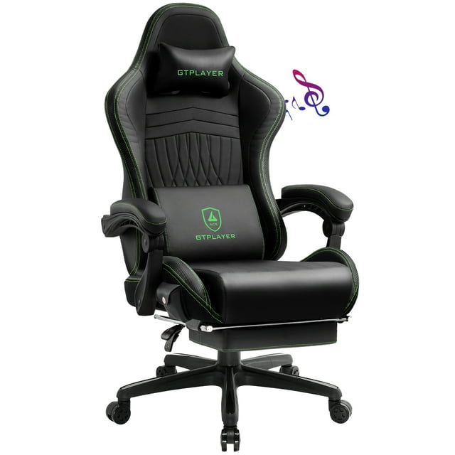 Gtplayer Pro Gaming Chair with Footrest, Dual Bluetooth 5.1 Speakers PVC Leather Recliner, Green