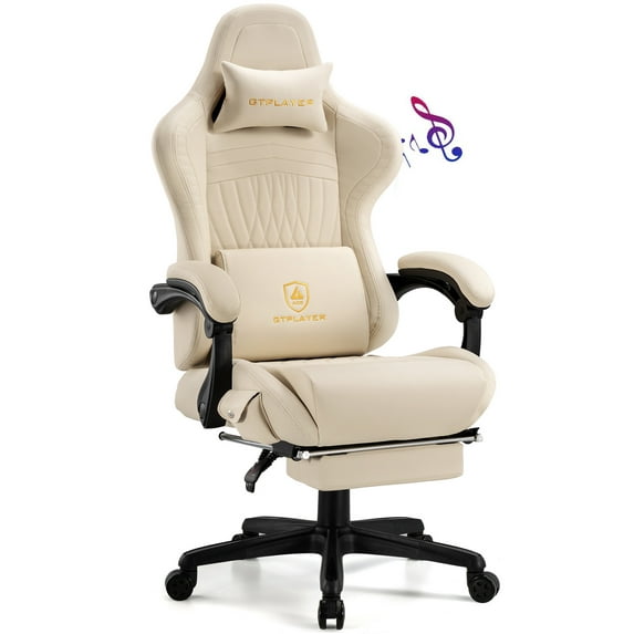 Gtplayer Pro Gaming Chair with Footrest, Dual Bluetooth 5.1 Speakers PVC Leather Recliner, Ivory
