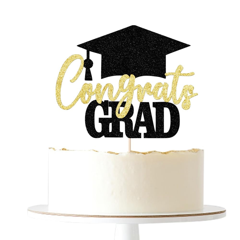 Schwarz-Gold Glitzer Congrats Grad Kuchenaufsatz – Abschlussfeier Dekoration 2023, Rot