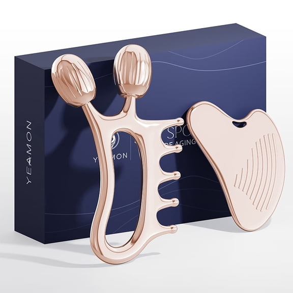 Gua Sha Facial Tools, 3-in-1 Gua Sha & Roller & Comb Set, Upgraded No-Slip Textured Guasha, Metal Lymphatic Drainage Massager for Skin Tightening & Face Sculpting, Skincare Gift for Women (Rose Gold)