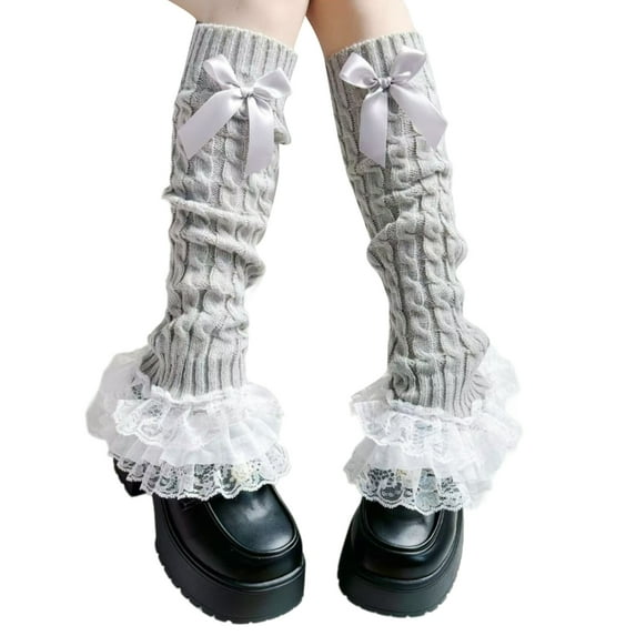 Guaber Sock,Women Girls Fairycore Cable Knit Leg Warmer Sweet Layered Ruffled Lace Trim Boot Covers Footless Socks with Bows Accent