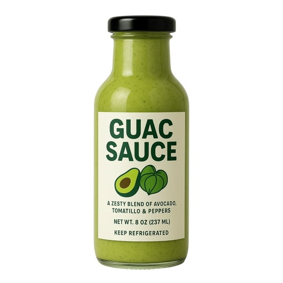 Guac Sauce, Zesty Avocado Tomatillo Pepper Blend, 8 oz Glass Bottle