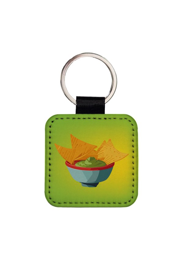 Guacamole and Tortilla Chips Faux Leather Square Keychain