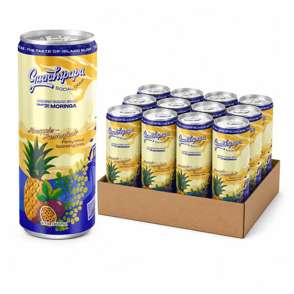 Guachipupa Party Functional Moringa Soda, Pineapple & Passion Fruit Modern Cuban Sparkling Social Drink, Caffeine Free, Low-Calorie, 12 fl oz, 12 Cans