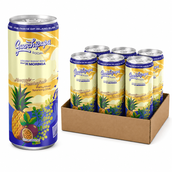 Guachipupa Party Functional Moringa Soda, Pineapple & Passion Fruit Modern Cuban Sparkling Social Drink, Caffeine Free, Low-Calorie, 12 fl oz, 6 Cans