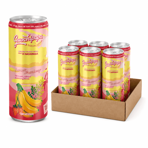 Guachipupa Recovery Functional Moringa Soda, Banana & Strawberry Modern Cuban Sparkling Social Drink, Caffeine Free, Low-Calorie, 12 fl oz, 6 Cans