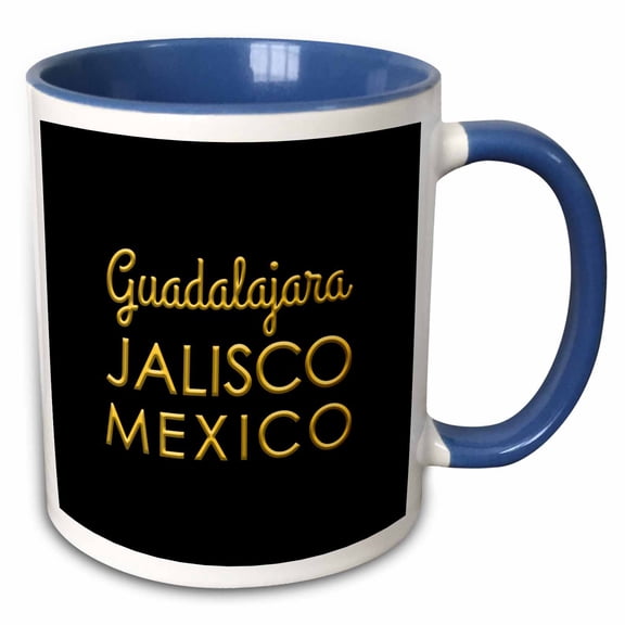 3drose, Guadalajara, Jalisco, Mexico. Yellow Text on Black Talisman, Charm, 15oz Two-tone Blue Mug