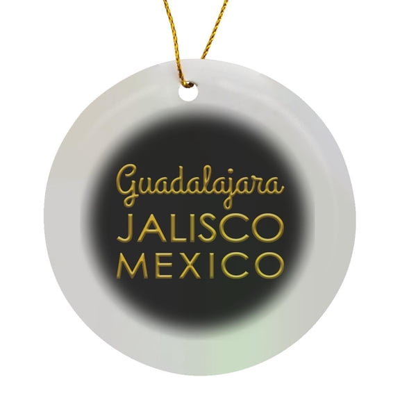 3drose, Guadalajara, Jalisco, Mexico. Yellow Text on Black Talisman, Charm, Circle Porcelain Ornament