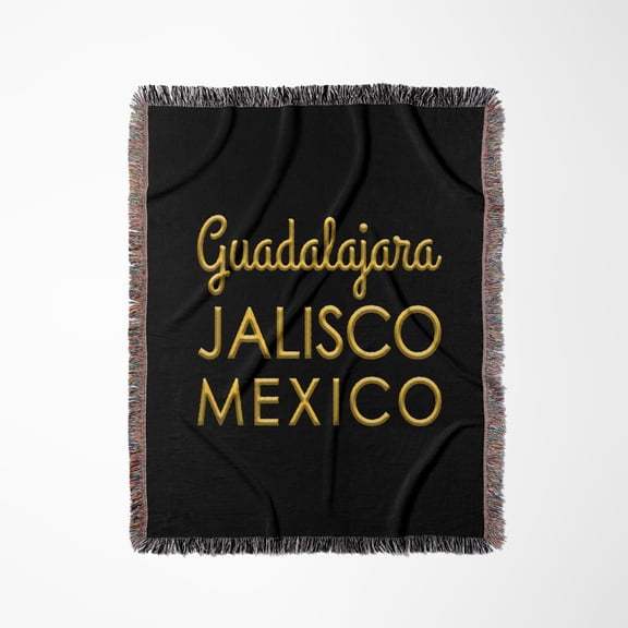 Guadalajara, Jalisco, Mexico. Yellow Text On Black Talisman, Charm, Woven Blanket