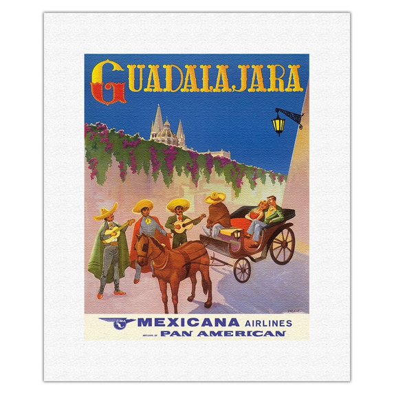 Guadalajara Mexico - Mexicana Airlines (CMA-Compañía Mexicana de Aviación) - Vintage Airline Travel Poster by Deleve c.1950s - Fine Art Rolled Canvas Print 11in x 14in