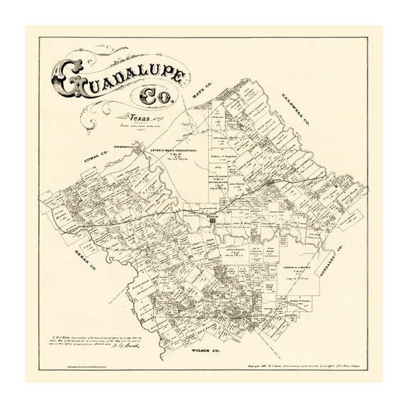 Guadalupe County Texas Art, 1880 Vintage Map of Guadalupe County TX History Wall Decor Gift, Old Guadalupe County TX Map - 30" x 30" Unframed Print