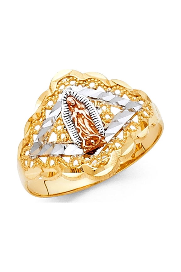 Guadalupe Ring 14k Yellow White Rose Gold Virgin Mary Band Diamond Cut Filigree Fancy 15MM