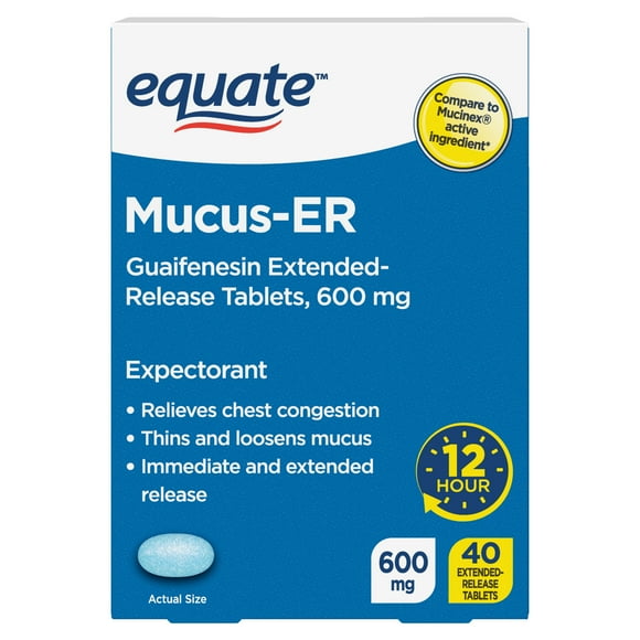Equate 12 Hour Mucus-ER Guaifenesin Cough and Mucus Relief Extended-Release Tablets, 600 mg, 40 Count, Compare to Mucinex Active Ingredient