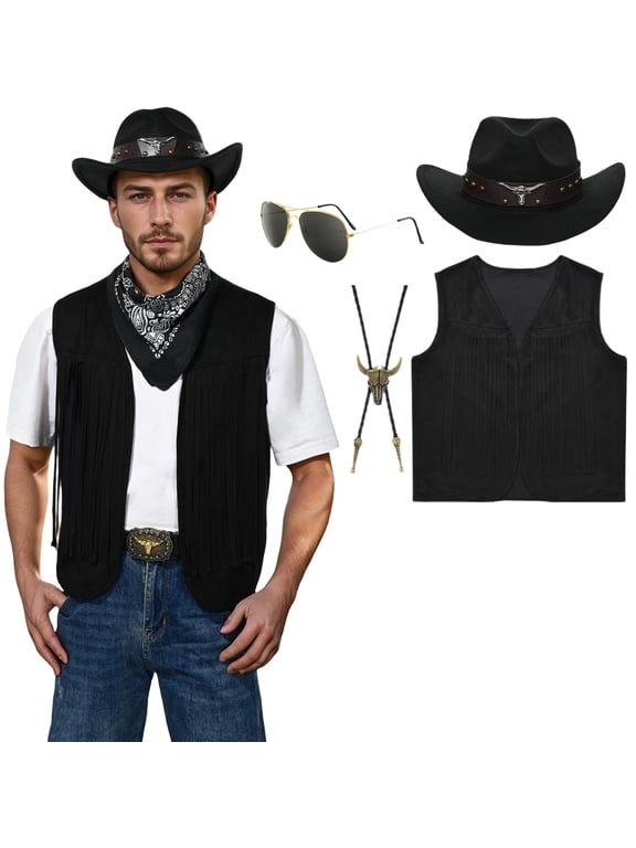 Mens Western Cowboy Costume Set,6-Piece Fringe Vest Hat Belt Buckle Bandana Glasses,Halloween Cosplay Black XL
