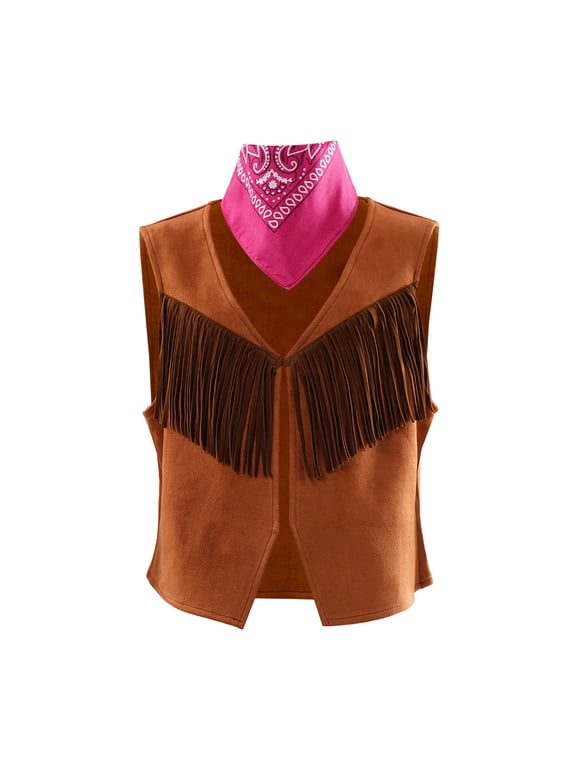 Womens Western Cowgirl Vest and Bandana Set,Brown Faux Suede Fringe Top with Pink Scarf,Halloween Costume Coffee L