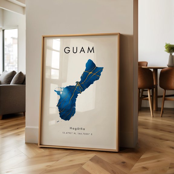 Guam Map PRINTED Poster Blue and Gold Oceania Wall Art Print Home Decor Geography Map Gift Wallpaper