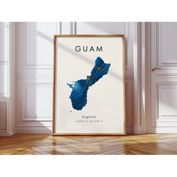 Guam Map Poster Blue and Gold Oceania Wall Art Print Home Decor Geography Map Gift Wallpaper