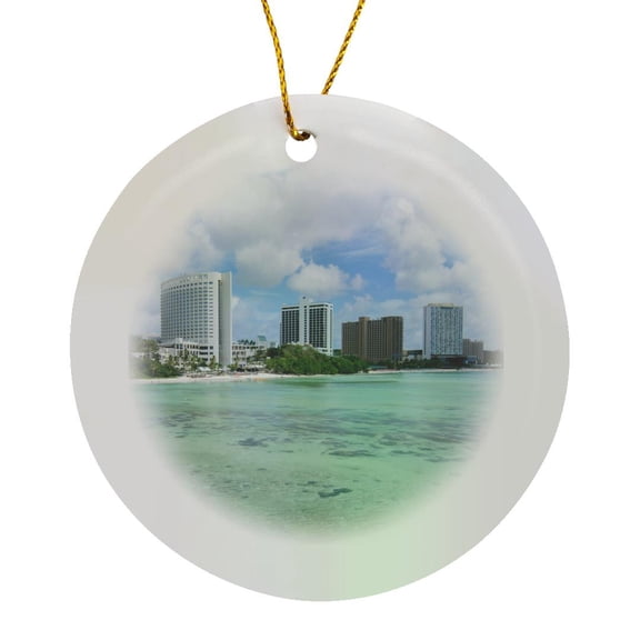 3drose, Guam Territory. Hotels Line Beach with Clear Tropical Waters., Circle Porcelain Ornament