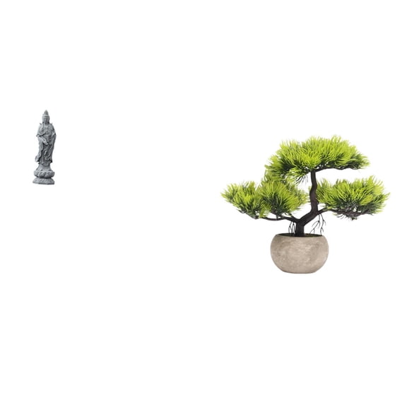 Guan Yin Statue Artificial Bonsai Tree Faux Plant Stone Material for Home Bookshelf Table Decoration Scenes