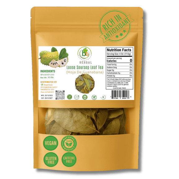Guanbana (Soursop) Herbal Tea  3.5 oz (100 g) Dried Leaves  100% Natural, Vegan, Non-GMO, Sugar-Free, Caffeine-Free  Antioxidant-Rich Herbal Infusion for Hot & Iced Drinks  Vacuum-Sealed