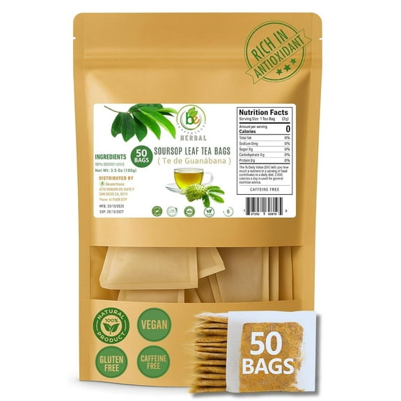 Guanbana (Soursop) Herbal Tea 50 Bags (2 g Each) 100% Natural, Vegan, Non-GMO, Sugar-Free, Caffeine-Free Antioxidant-Rich Infusion for Hot & Iced Drinks Vacuum-Sealed for Freshness by Bexp