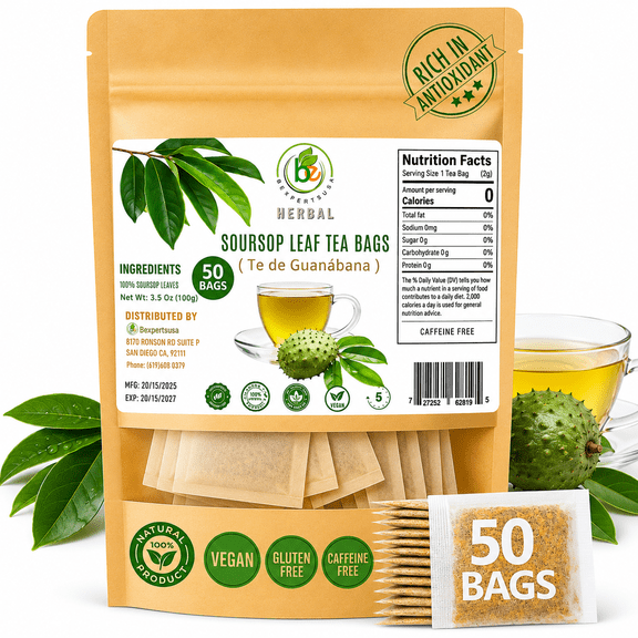 Guanbana (Soursop) Herbal Tea 50 Bags (2 g Each) 100% Natural, Vegan, Non-GMO, Sugar-Free, Caffeine-Free Antioxidant-Rich Infusion for Hot & Iced Drinks Vacuum-Sealed for Freshness by Bexp